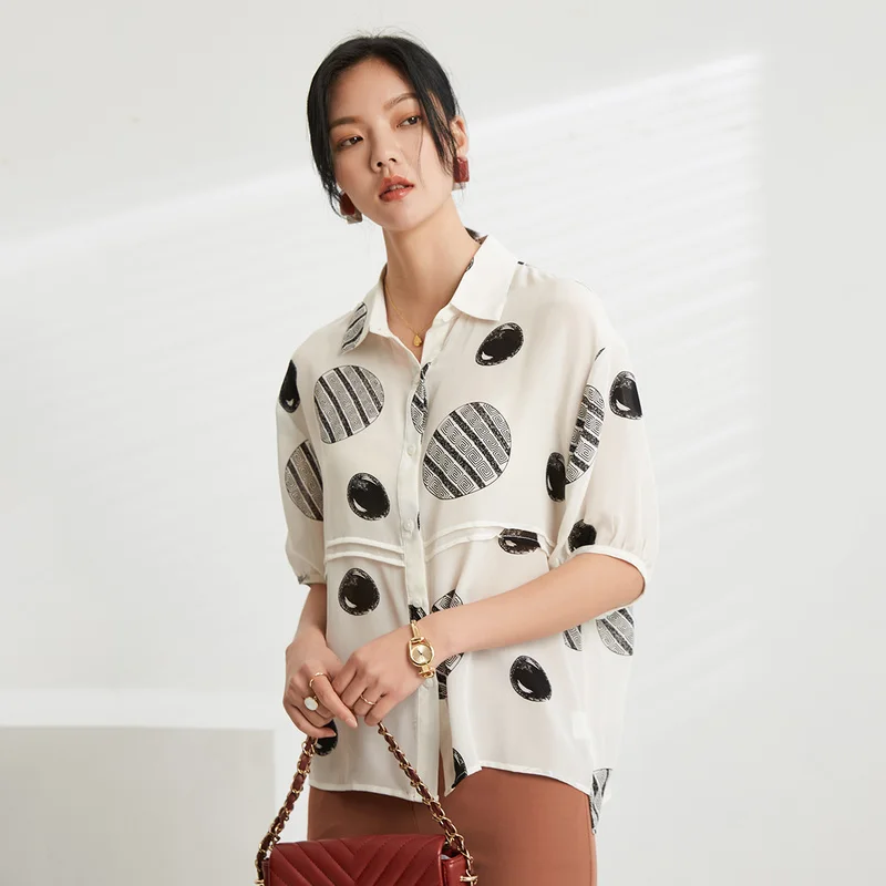 Женская шелковая рубашка Jin Ju белая мягкая в горошек с короткими рукавами и