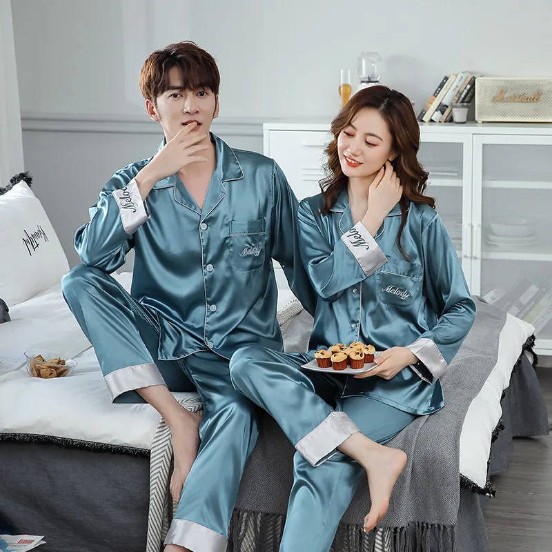 Silk Embroidered Couple Pajamas Spring Autumn Couple Ice Silk Home Wear Men and Women Long Sleeve Cardigan Suit Couple Clothes