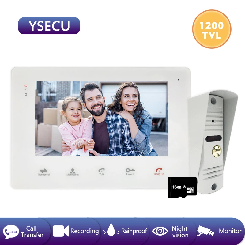 YSECU 7 дюймов 1200TVL видеодомофон комплект для домашней безопасности, видеодомофон, видеодомофон запись 16 ГБ, встроенный источник питания