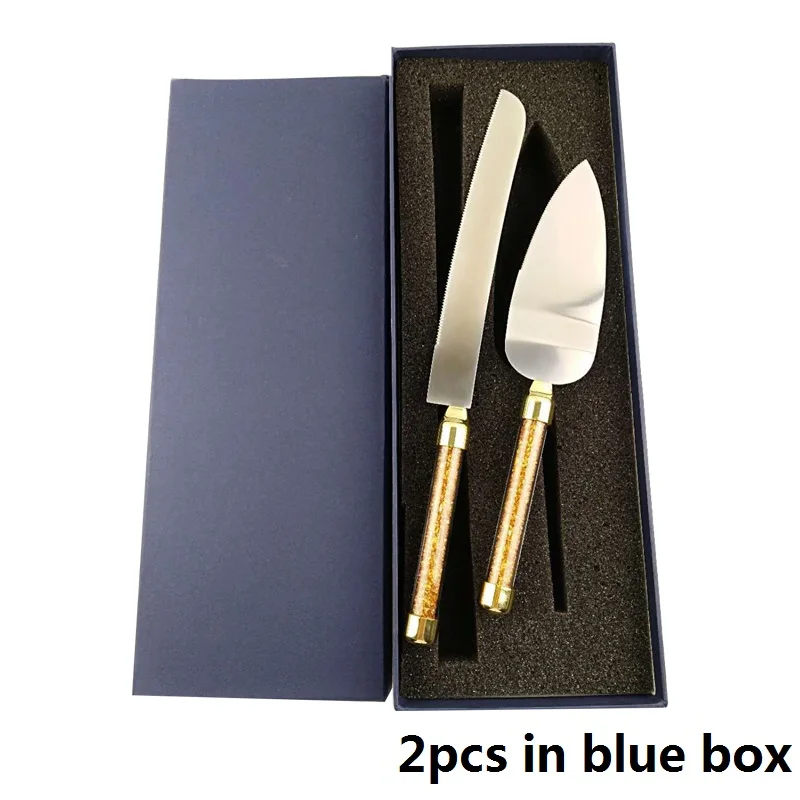 2pcs in Blue box Столовые приборы для торта золотой фольги бумажные ЛОПАТОЧНЫЕ ножи Набор ручка нож для пиццы Свадебный сервер Западная Посуда режущий инструмент 2 шт - Цвет: 2pcs in Blue box