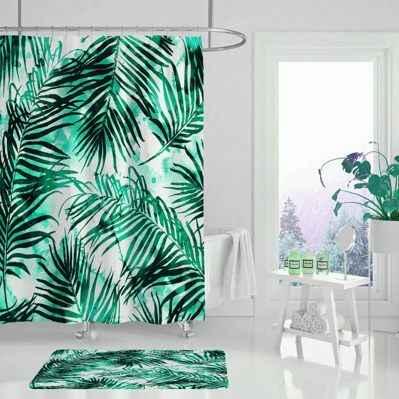 Занавеска с принтом зеленых тропических растений и листьев для ванной душа набор