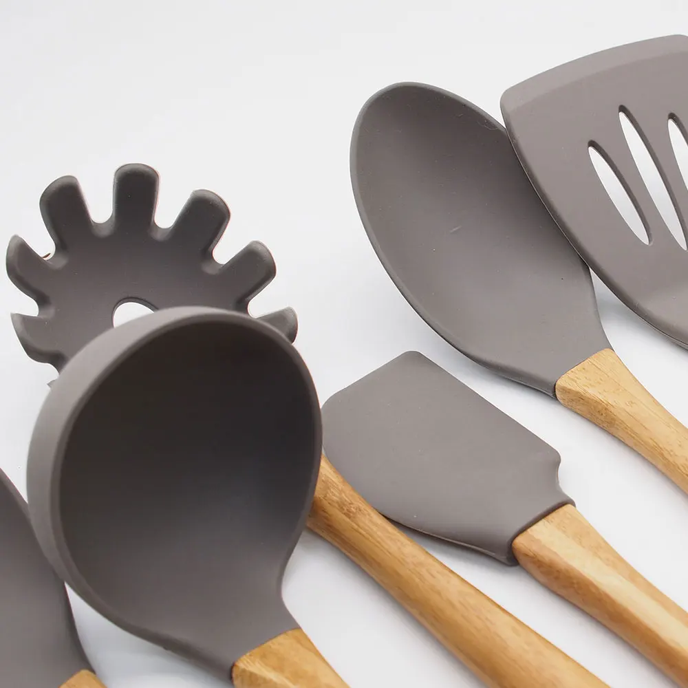 

9pcs Silicone Kitchen Set Cooking Tools Utensils Set Spatula Shovel Soup Spoon With Wooden Handle Special Heat-Resistant Design