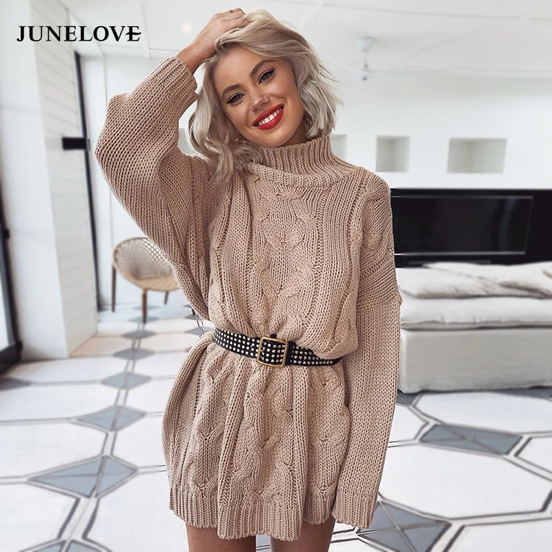 Женское трикотажное мини-платье JuneLove Повседневное платье-свитер с высоким