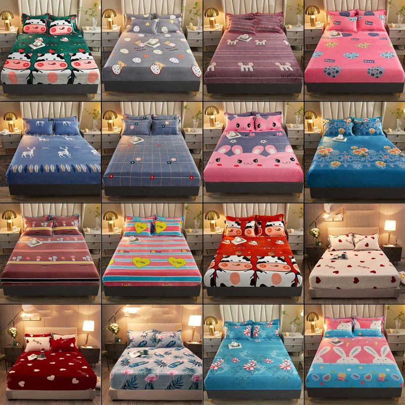 

Elastic Bed Fitted Sheet Winter Warm Velvet 25cm Deep Mattress Cover/Protector,Single Double Queen King Size Fitted Bed Sheets