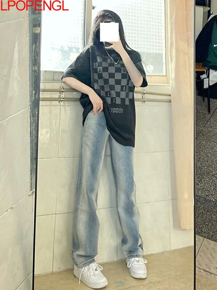 

Autumn Women's Retro High-waist Straight-leg Jeans 2021 New Casual Fashion Harajuku Cotton Blue Street Apparel Mopping Trousers