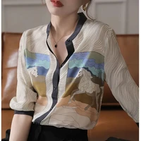 womens printed shirt summer dress stand up collar three quarter sleeves silk blouse women button up plaid shirt