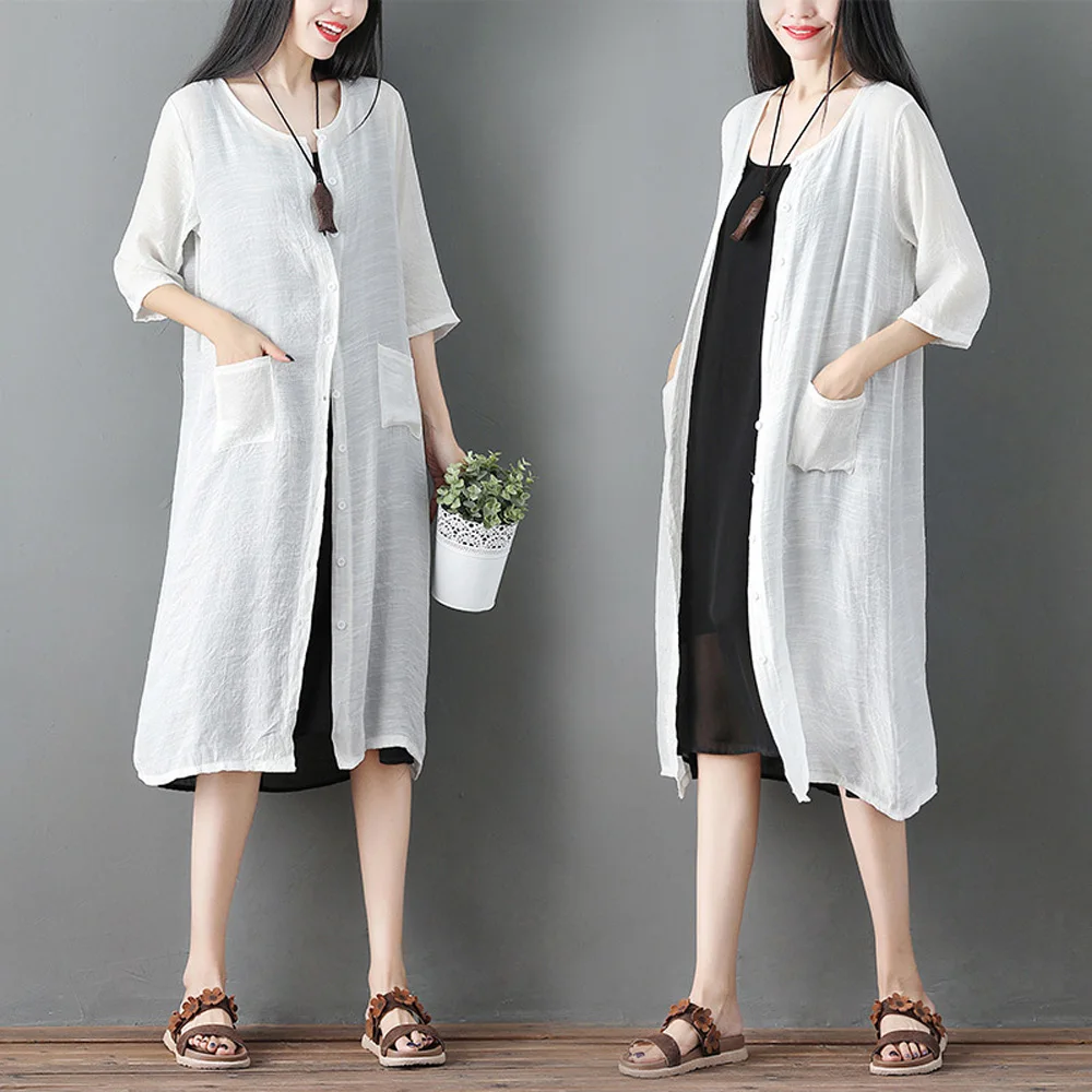 Women Summer Beach Bikini Cover Up Linen Long Dress Cardigan Jacket Coat Tops |
