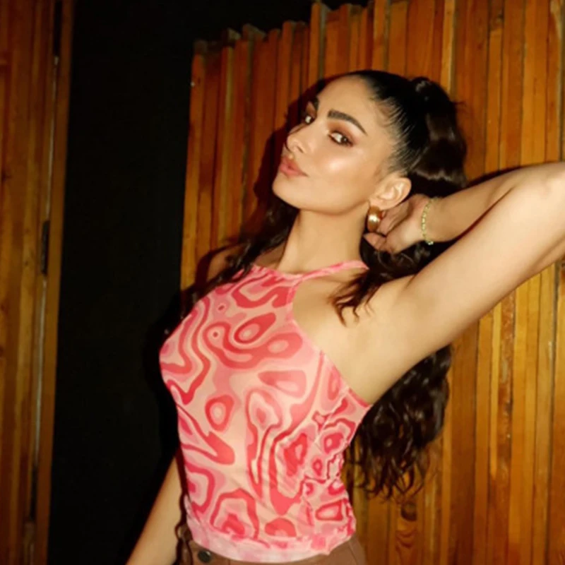 

women Tops Tee Crop shirt summer color short sleeve Slim All-match Mesh halter neck strapless fluorescent print clothes Harajuku