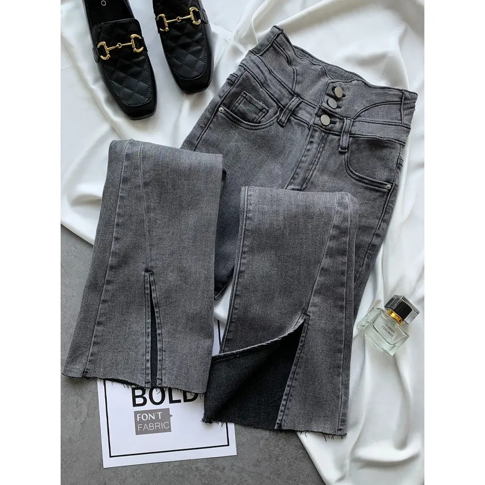 

Large size high waisted jeans women's 2021 spring new versatile three grain button floor stretch slim split micro pants