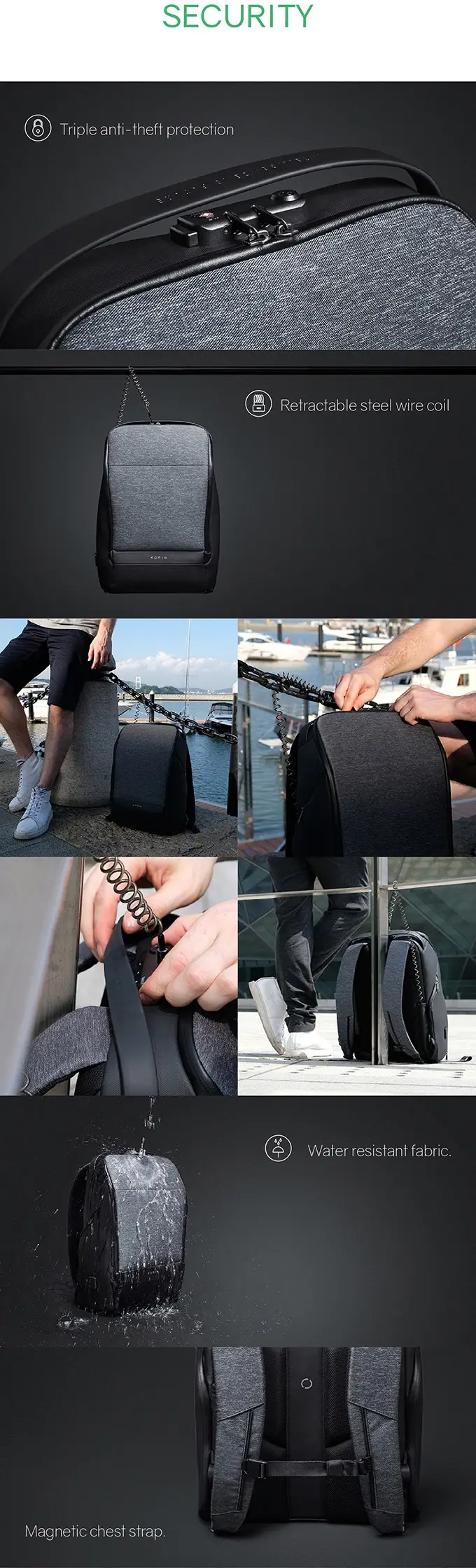 Krion дизайн FlexPack GO Противоугонный рюкзак мужская дорожная сумка зарядка через usb рюкзак для ноутбука 15,6 дюймов школьная сумка для мальчиков-подростков