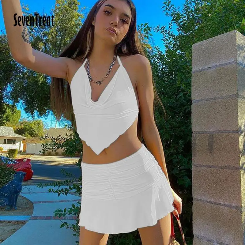 

Tracksuit Women Crop Top+Skirt Two Piece Set Bandage Overalls Women Clothes Summer Dress Sexy Women's Suit 2021 Sundress