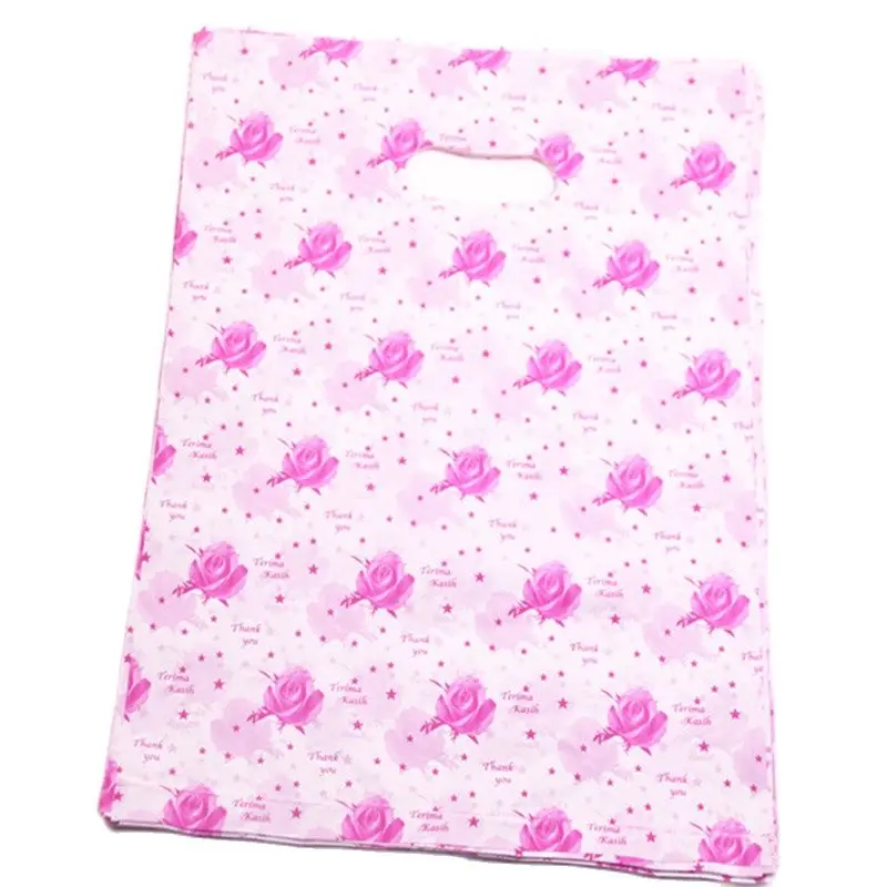 

New Design Wholesale 100pcs/lot 25*35cm Large Pink Cadeau Zakjes Luxury Fashion Rose Flower Sachet Plastique With Thank You