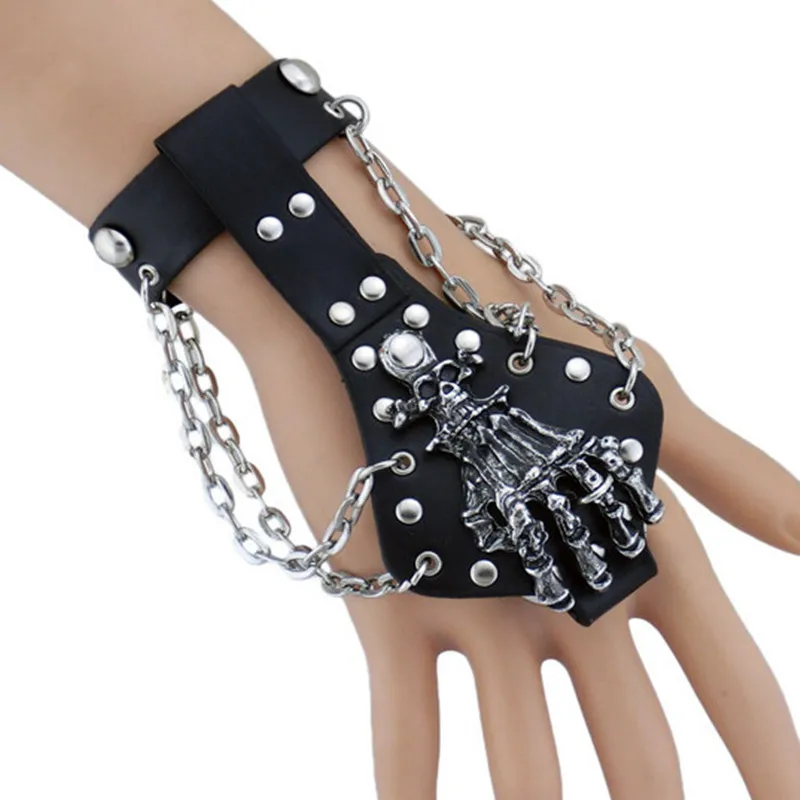 

Exaggerated Non-mainstream Rivet Chain Punk Leather Bracelet Europe And America Crazy Ghost Head Claw Finger Bracelet