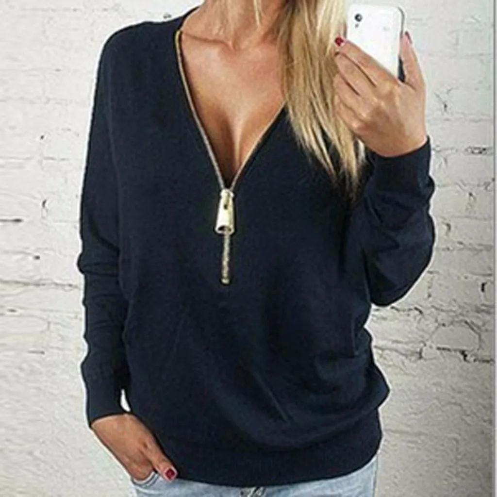 Женская футболка на молнии с глубоким v-образным вырезом Однотонная длинными