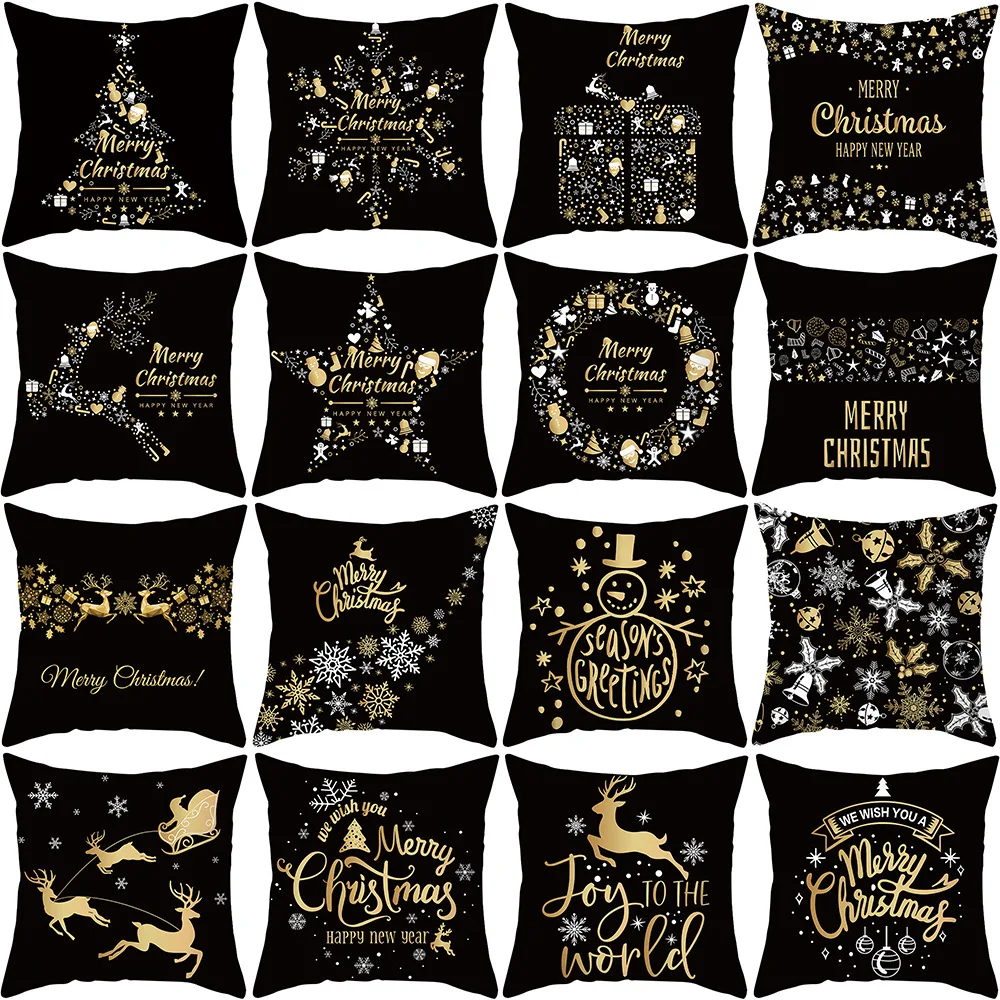 

2021 Black Gold Christmas Elk Tree Pillow Case Printed Top Quality Home Decor Sofa Pillows Covers 45*45 Living Room Decorative