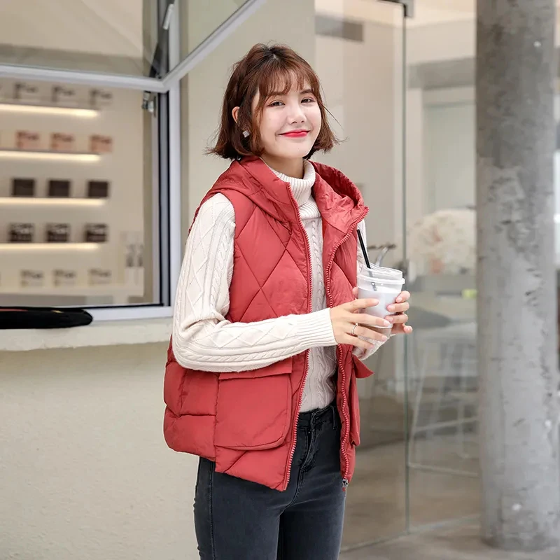 

Autumn Winter Canddy Colors Diamond Lattice Cotton Padded Vest Korean Zipper Hooded Sleeveless Jackets Vest Loose Thick Outwear