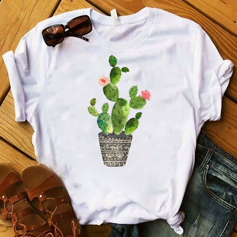 

Female Tee Shirt Femme Clothes T-shirt Women T Womens Print Graphic Cactus Not A Hugger Cute Plants Top Tshirt