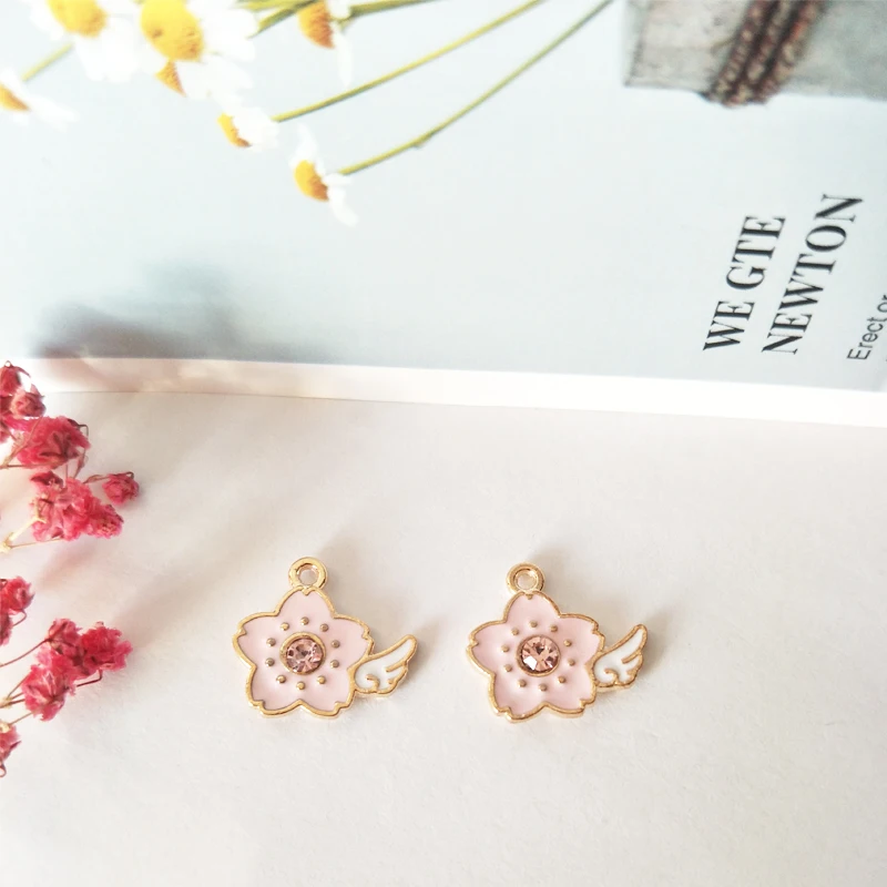 

Lizz 10pcs Pink Flower Wing Enamel Alloy Charms Oil Drop Rhinestone Flowers Charms For Bracelet Pendant DIY Jewelry Finding Gold