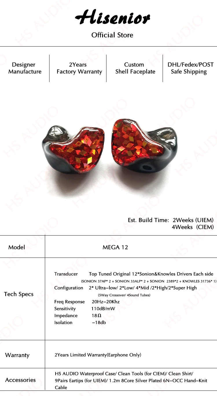 MEGA12 In Ear Monitor Custom Earphone Hifi Earbud Noise Cancelling with 12 Sonion Knowles Top Balanced Armature Receivers