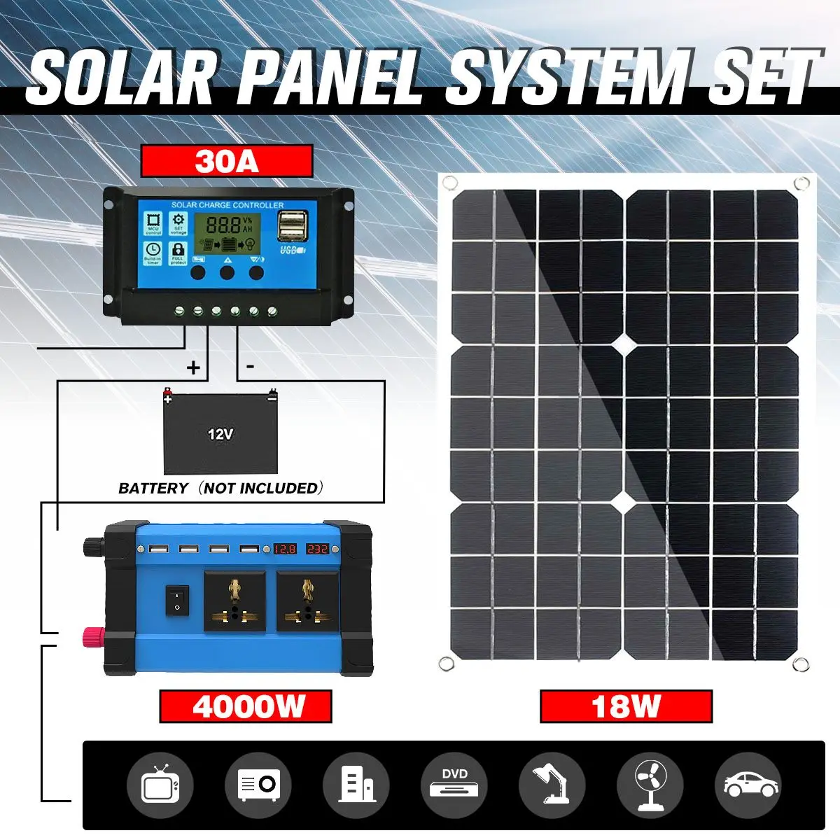 

Солнечная панель с зарядным устройством, 4000 Вт, 12 В, USB, 30 А