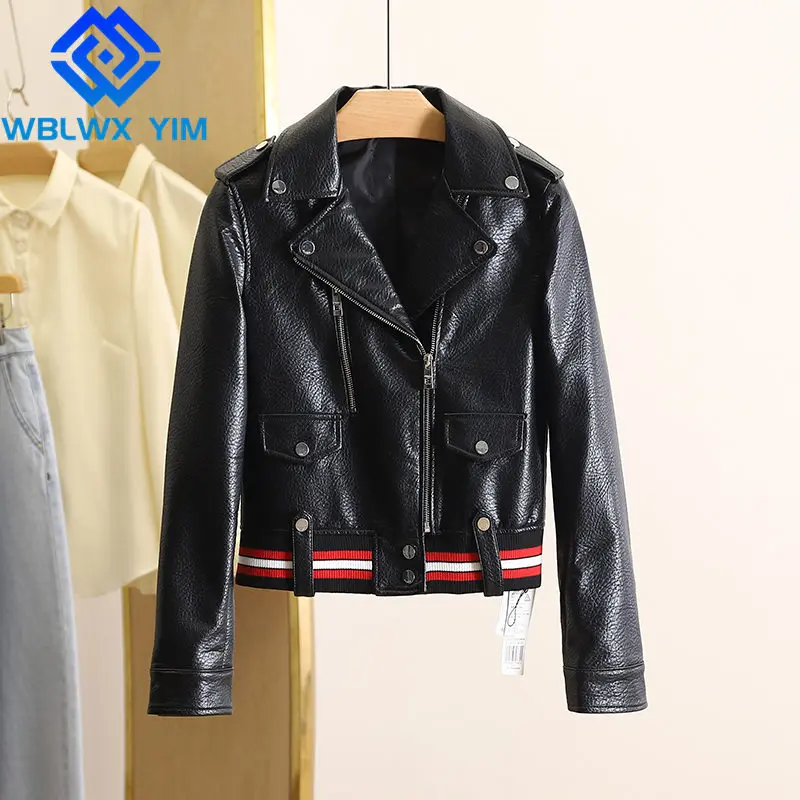 

Black PU Leather Jacket Women Zipper Pocket Fashion Lapel Biker Short Coat Autumn Loose Bomber Faux Leather Jackets Female