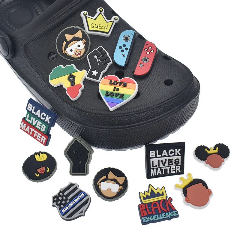 

16pcs Black Lives Matter Croc Charms Decoration Toy Kids Shoe Buckle Wristbands Backpack Cute Fit Croc Girl Slipper Gifts