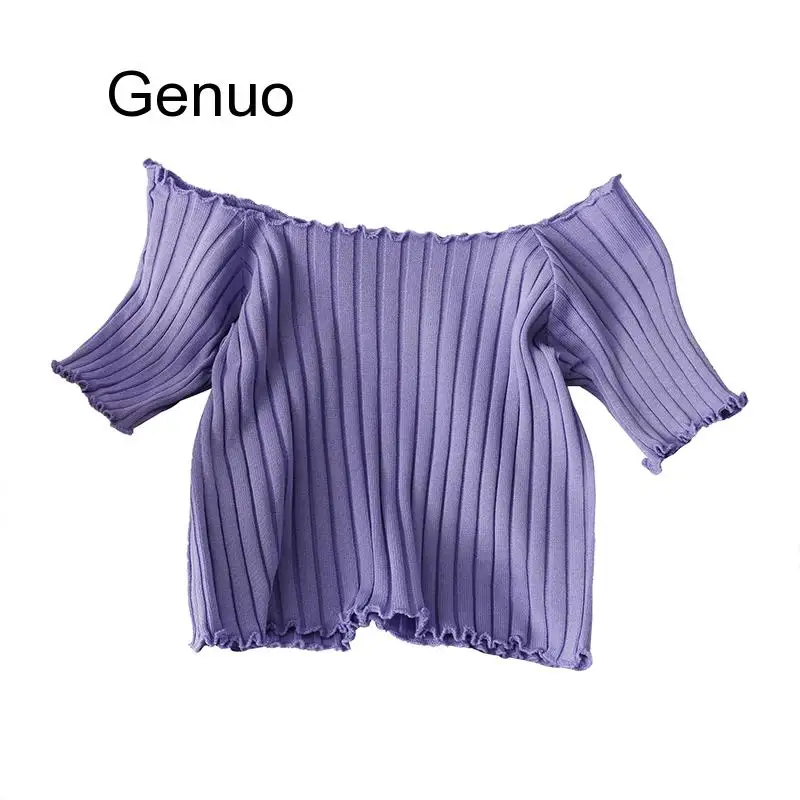 

Женская футболка с открытыми плечами, вязаные кроп-топы, женская модная однотонная облегающая футболка с коротким рукавом, женские летние ф...