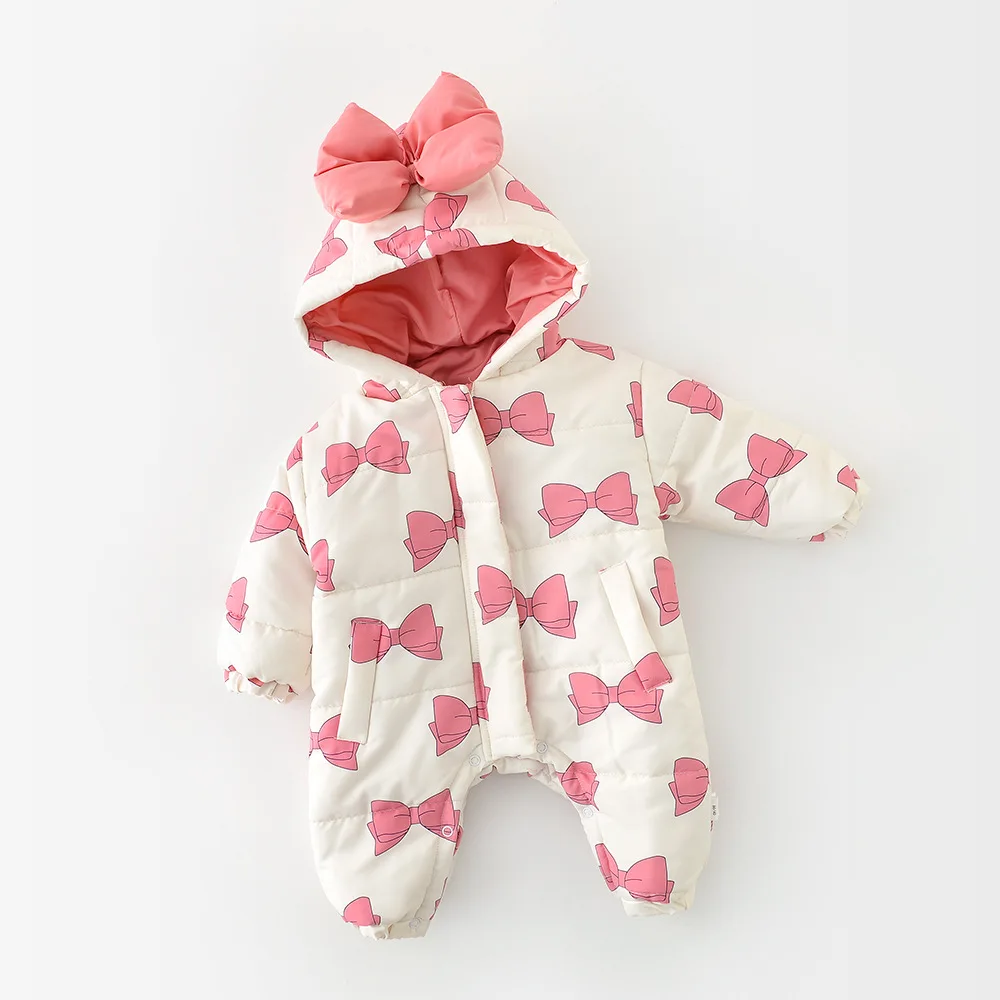 

Одежда для новорожденных девочек, Зимний новый утепленный детский комбинезон с бантом, цельный комбинезон с капюшоном Bn *