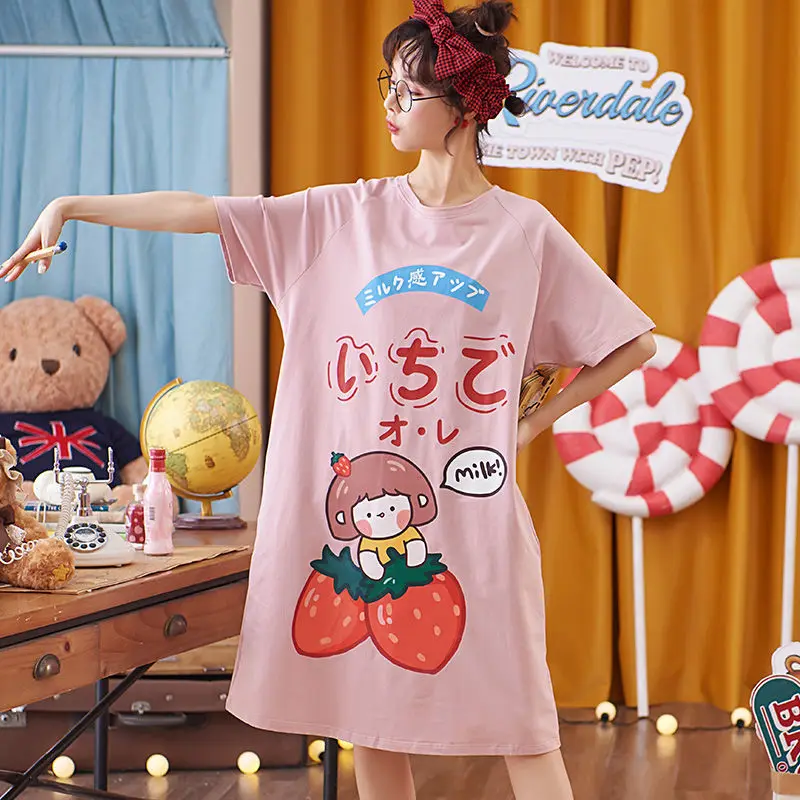 Nightdress Female Summer Long Section Over The Knee Loose Large Size Casual Cartoon Outside Pajamas Maternity Home Service