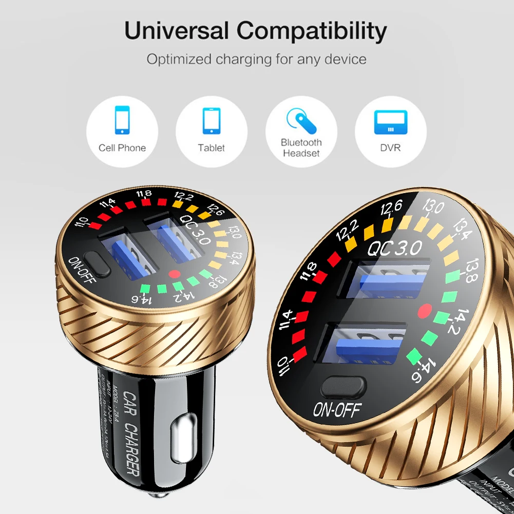 

Универсальное автомобильное зарядное устройство с двумя USB-портами QC3.0, 12-24 В