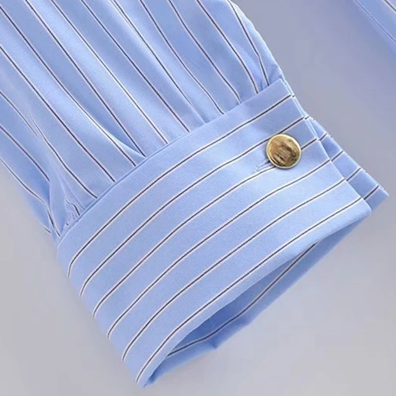 

PXALL ZA Chic Office Lady Blue Striped Short Shirt Dress Woman Full Sleeve Female Casual Pleated Party Mujer Vestido P2X157