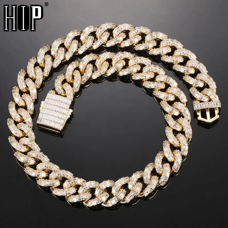 

Hip Hop 16MM 3 Row Baguette Cuban Chains Bling Iced Out CZ Setting AAA+ Cubic Zirconia Bracelet Necklace For Men Women Jewelry