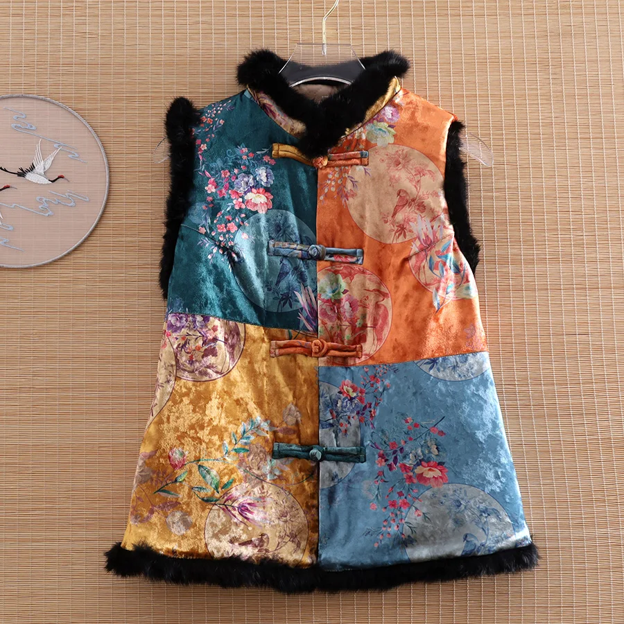 High-end Winter Women Cotton Vest Top Stitching Rabbit Hair Chinese Style Retro Velvet Print Elegant Lady Vest Warm Female S-XXL