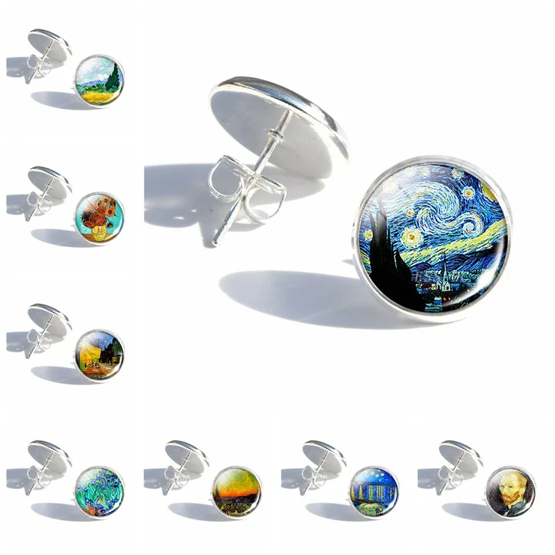 Ван Гог абстрактная картина маслом стеклянные кабошоны серьги гвоздики Звездная