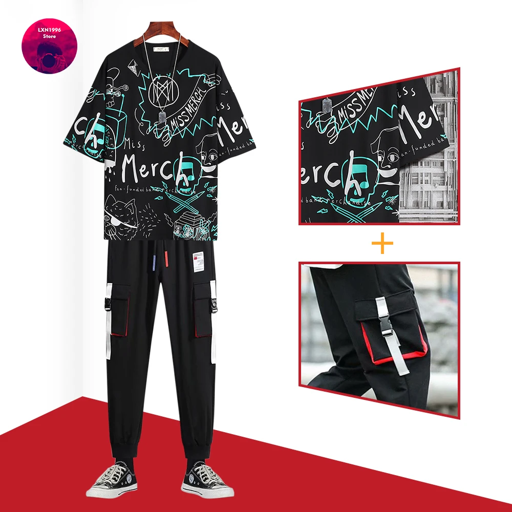 

Summer Men's Sets Koren Fashion Joggers Set Printing T Shirts+Elastic Waist Trousers Men Clothing Two Piece Sets Tracksuit Men