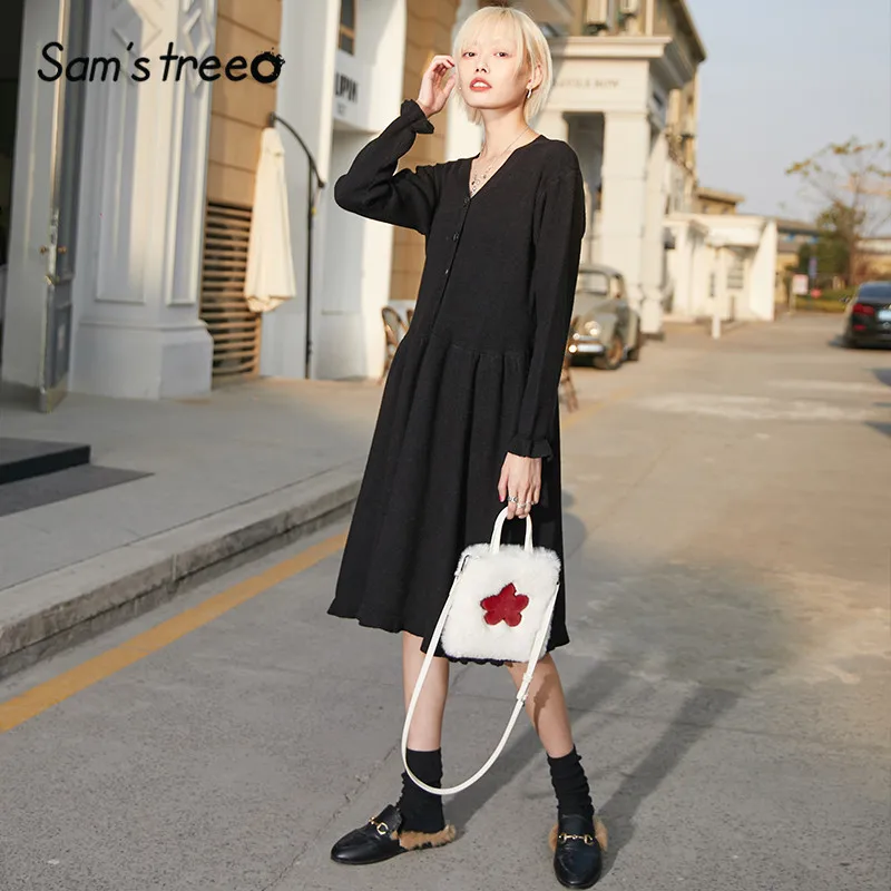 SAM'S TREE, черные однотонные повседневные женские платья на одной пуговице,, зимнее повседневное свободное женское платье с длинными рукавами и оборками