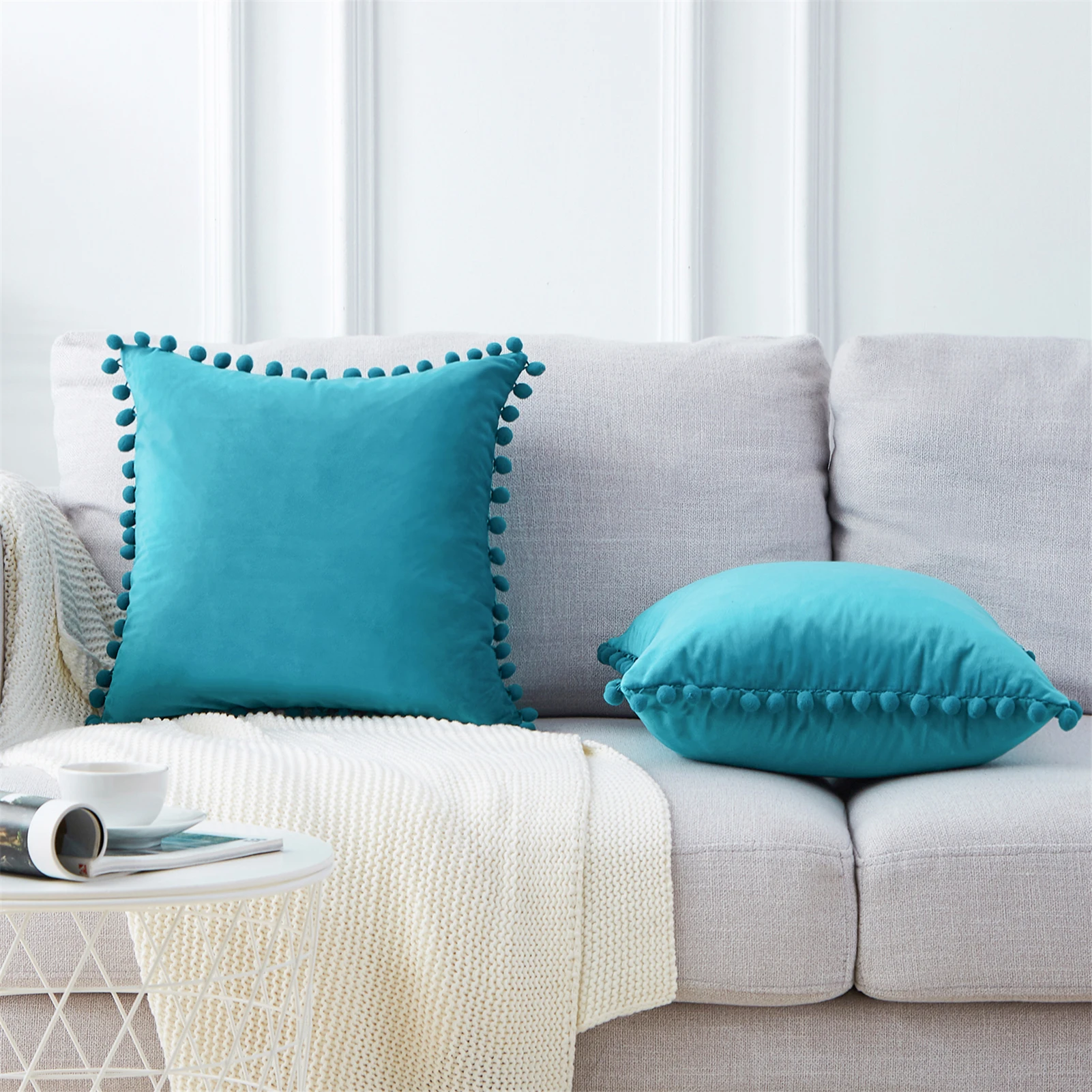 Cushion Cover With Balls Soft Velvet Throw Navy Pillow Covers Car Blue Cases Sofa Bed Home Decor 60x60 Teal PillowCase | Дом и сад