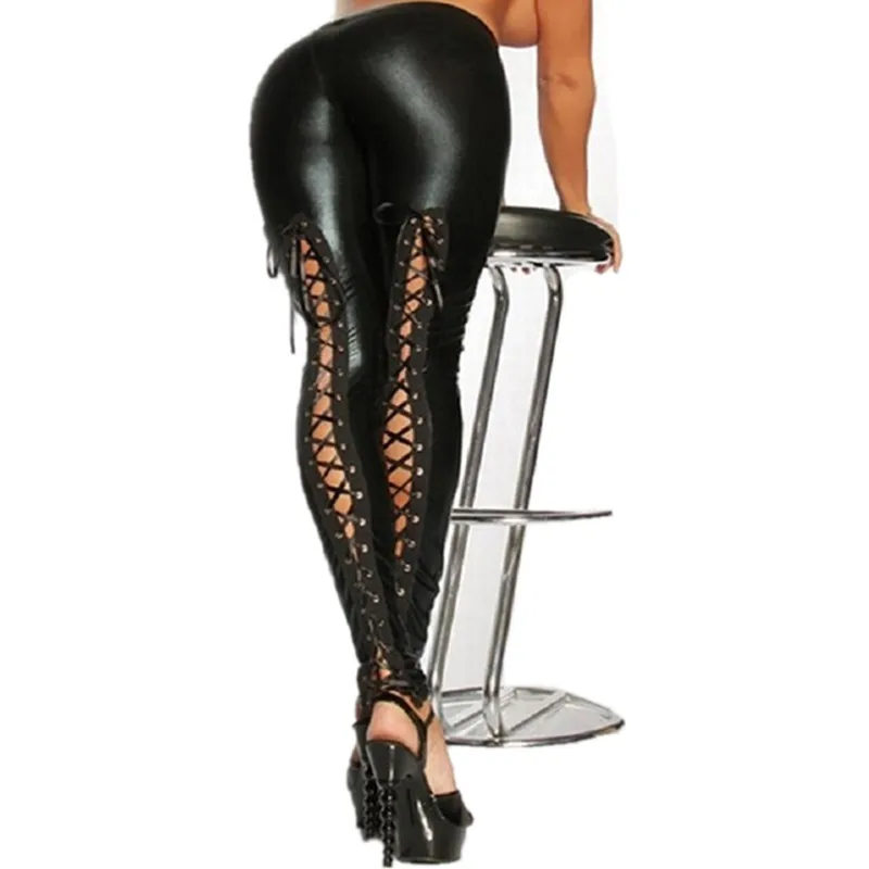 

Sexy New Punk Black Fashion Pencil Pants Women LG068 Lace 2019 Faux Legging Leather Stretch Material Up Leggings