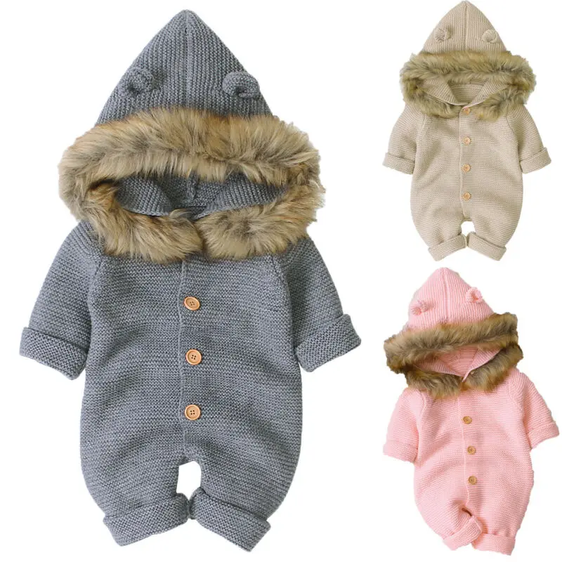 

Pudcoco US Stock 0-24M 3 Styles Newborn Baby Girl Winter Hooded Romper Long Sleeve Knitting Jumpsuit Girl Winter Clothes Outfit