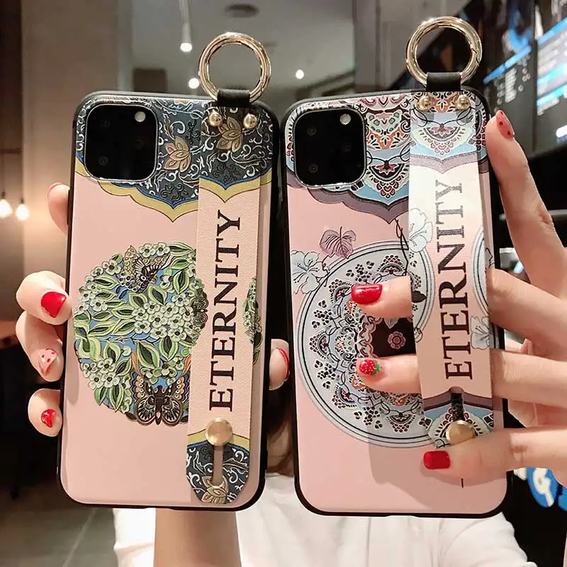 boucho vintage flower case with wrist strap for iphone 11pro xs max 11 pro max xr 7 6 6s 8 plus soft silicone phone case cover free global shipping
