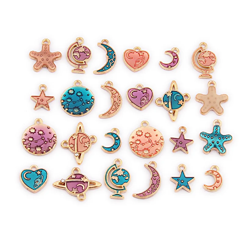 

1 Set 24pieces Star Moon Series DIY Enamel Charm Zinc Alloy Bracelet Keychain Earrings Hair Accessories