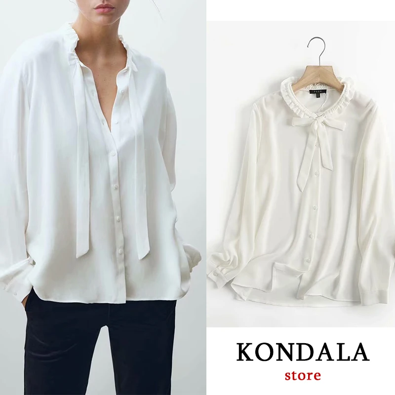 

KONDALA Za 2021 Chic White Chiffon Office Lady Women Shirts Long Sleeve Bow Tie Vintage Blouses Elegant Mujer Tops