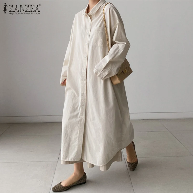 

Женский Осенний сарафан оверсайз, модное однотонное платье-рубашка с отворотом и длинным рукавом, ZANZEA, повседневное свободное платье на пуг...