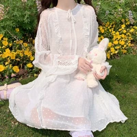 french girl fairy dress japanese sweet long lantern sleeve wave point midi dresses robe women loose vintage lace ruffle sundress