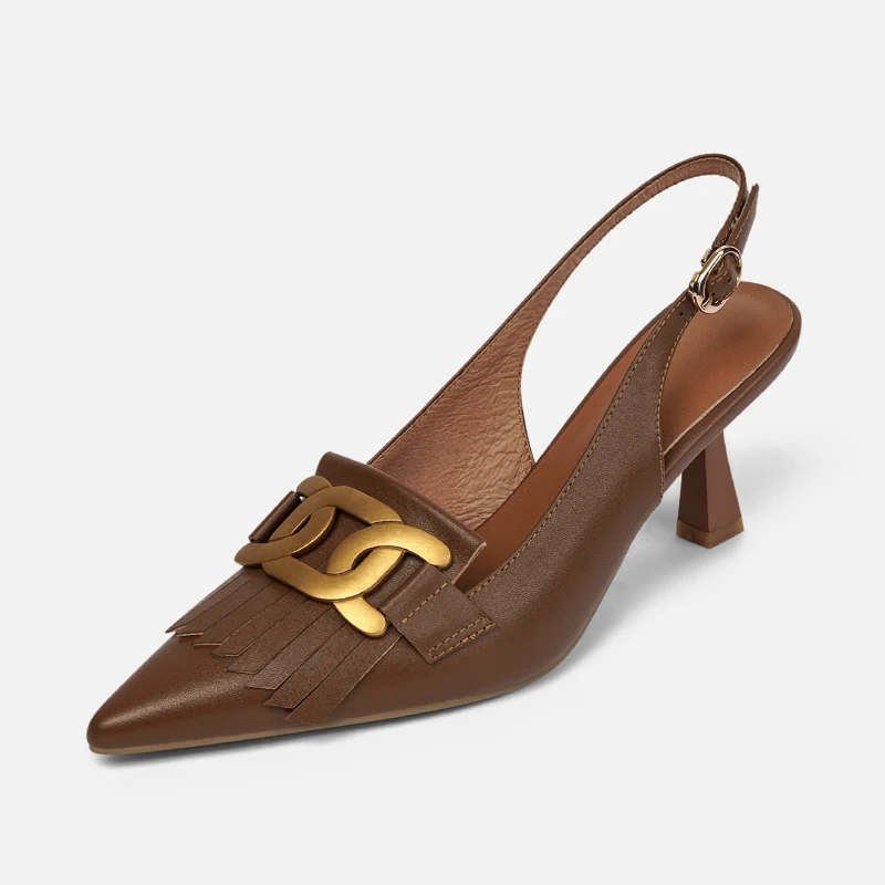 

Women's Genuine Leather Thin High Heel Pointed Toe Slingback Slip-on Pumps Big Chain Decoration Fringe Elegant Ladies Dress Shoe