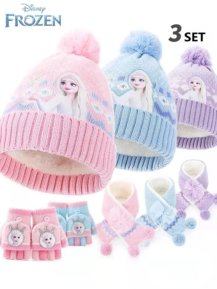 

Disney Frozen Children Scarf Hat Glove For Girls Elsa Anna Winter Outdoor Thick Knitted Hats Keep Warm Two-Piece Set Kids Gifts