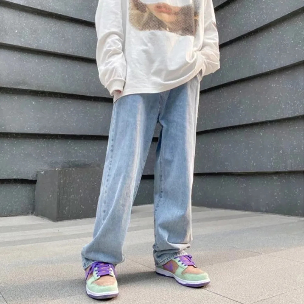 V-hanver New Hip Hop Letter Printing Jeans For Men High Street Blue Black Jeans Homme Loose Straight Hearts Pants Moto Trouse