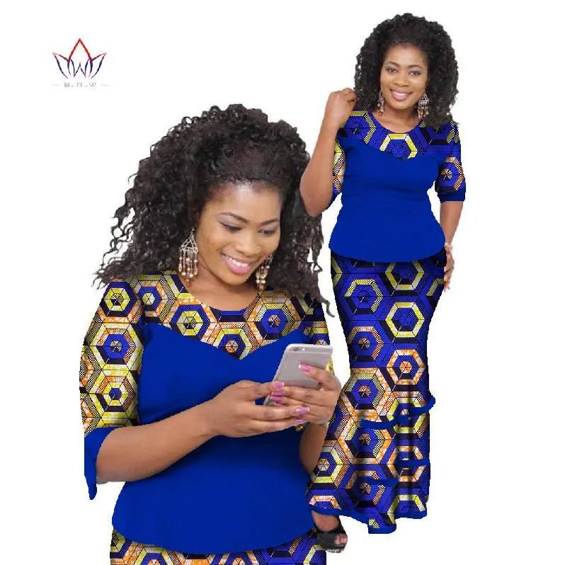 2020 Bazin Riche African Skirt Sets Wax Print Two Piece Set Africa Clothes for Women Traditional African Top And Skirt WY793