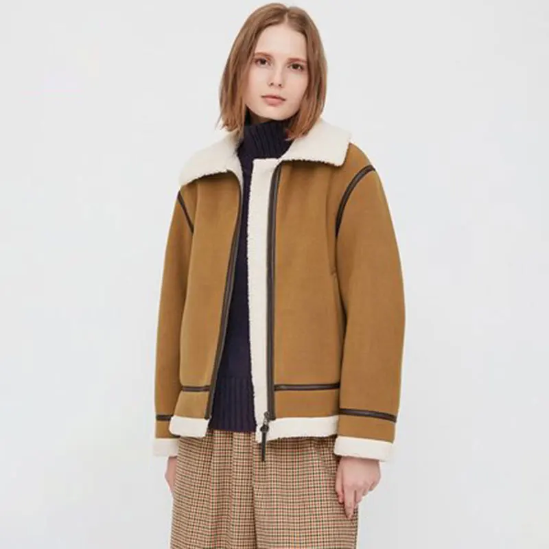 

Женская винтажная куртка из искусственной овечьей шерсти верблюжьей расцветки, однотонная верхняя одежда на молнии с отложным воротником, ...