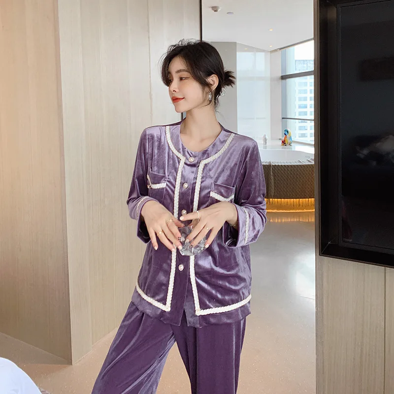 Gold Velvet Pajamas Set for Women Warm Autumn and Winter New Hot Style Velvet Home Clothes Homewear Sleepwear pijama mujer